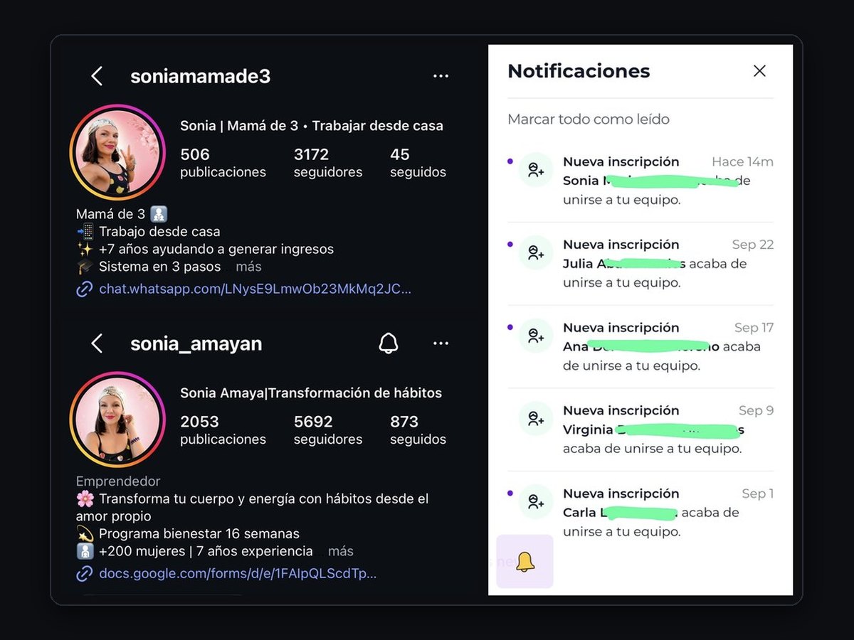 Dos cuentas de Instagram de Sonia Amaya y notificaciones de nuevas personas en su equipo