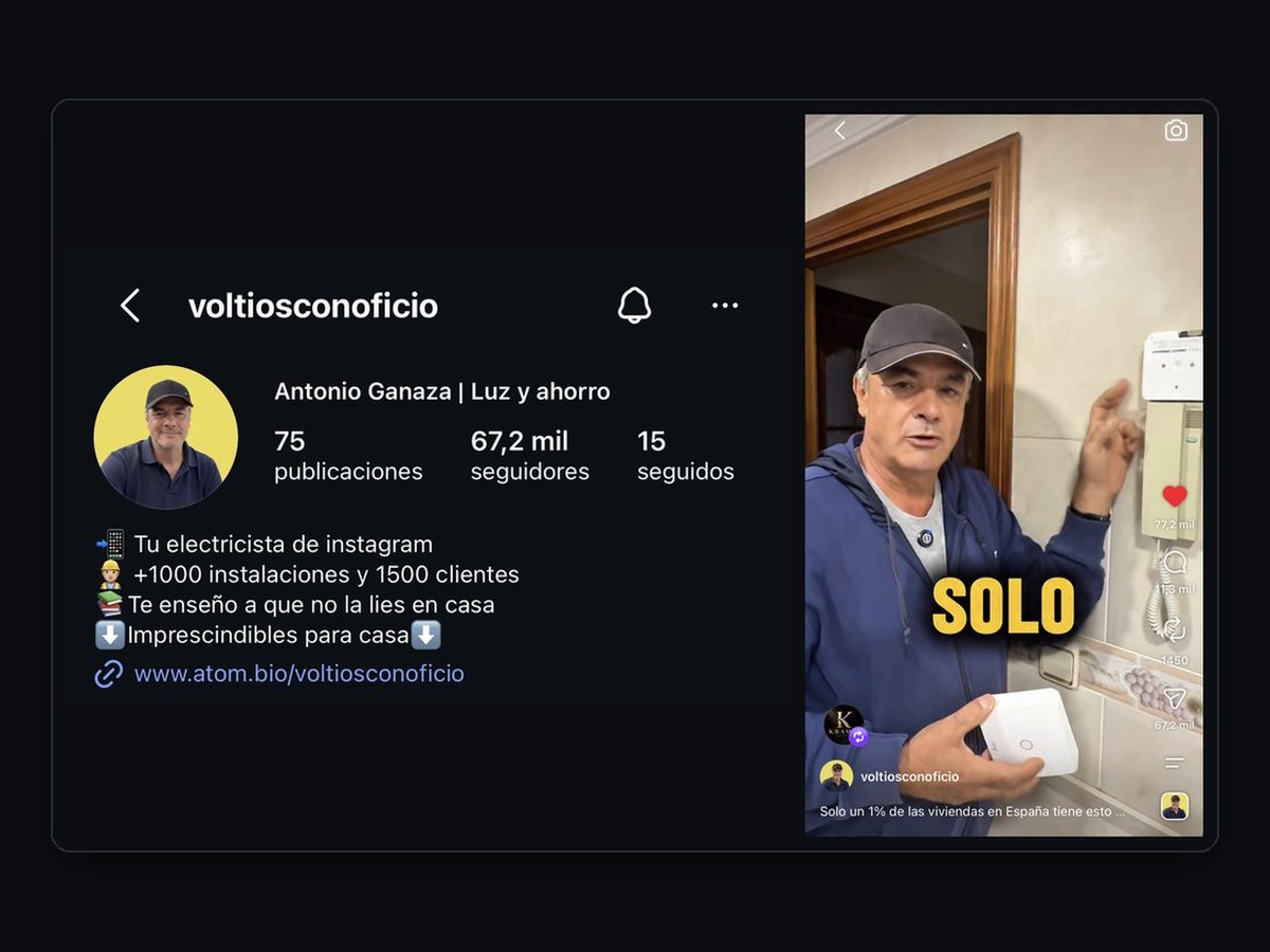 Perfil de Voltios con Oficio con 67,2 mil seguidores y su vídeo del telefonillo con 77,2 mil me gusta