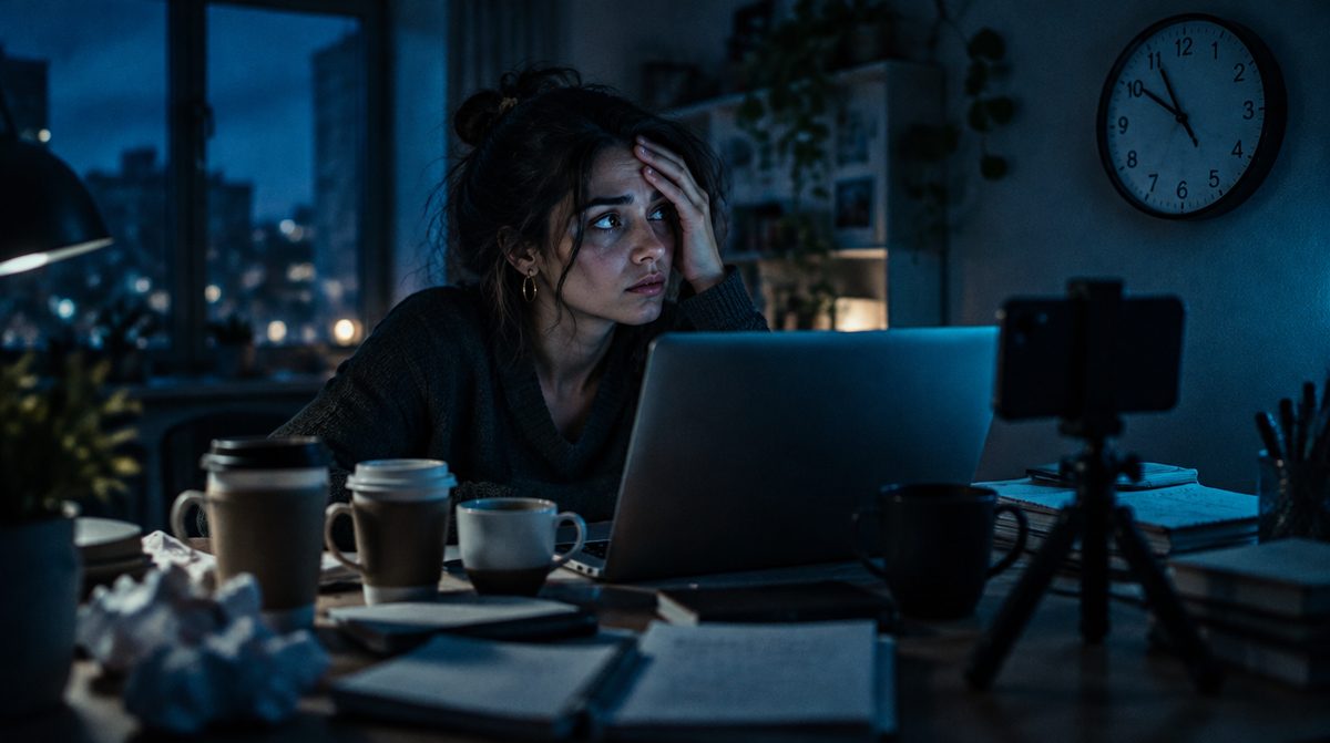 Emprendedora agobiada de noche, sin tiempo para grabar