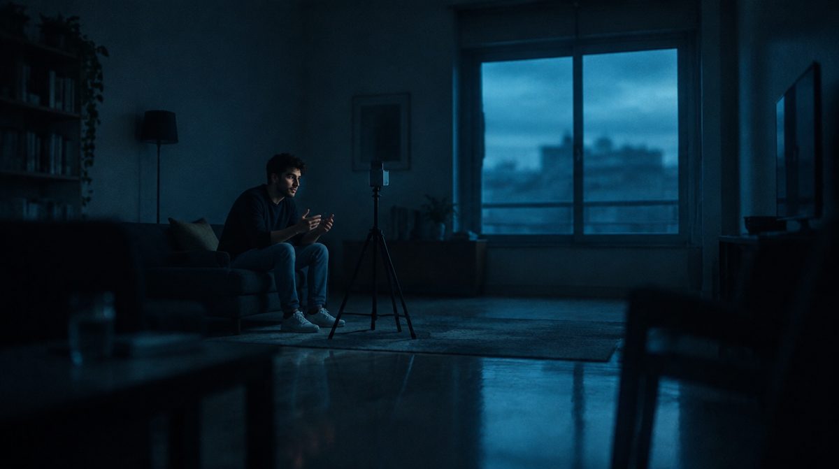 Chico grabándose solo en un salón vacío